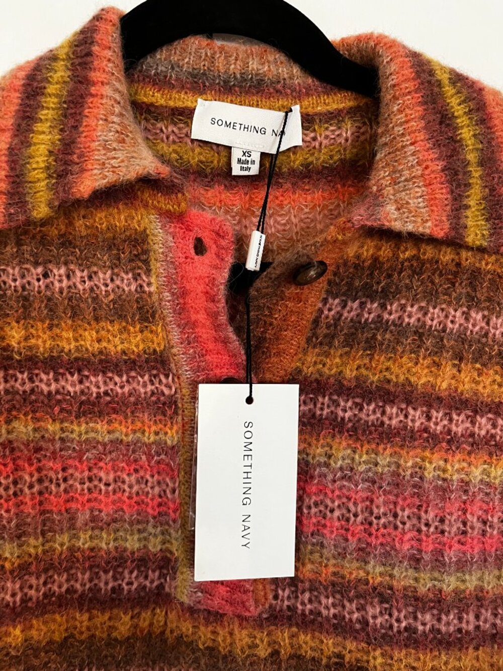 Something Navy Polo Sweater Pink Brown Striped Knit Wool Alpaca Mohair Size XS - Picture 4 of 5